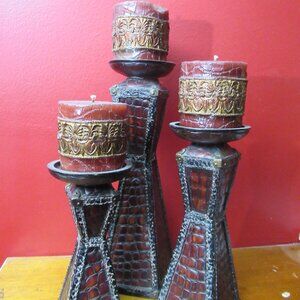 3pc. Vintage Leather-Look Pillar Candle Holders with Original Candles